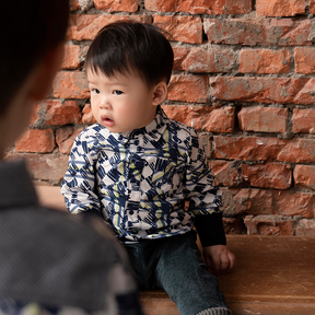 Dark blue baby button down shirt with good fortune motif