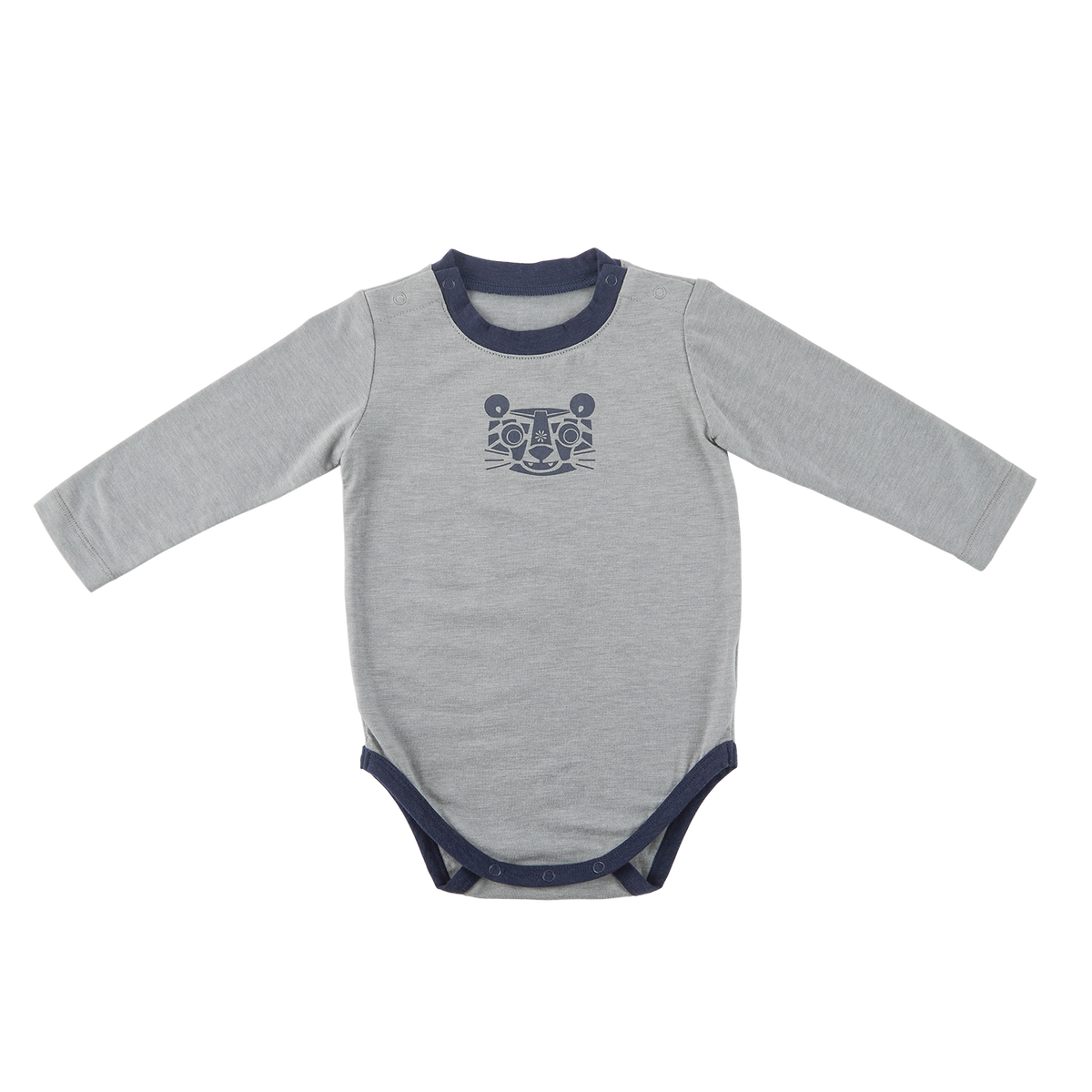 <tc>Heather grey  baby  Thermal Bodysuit with tiger print</tc>