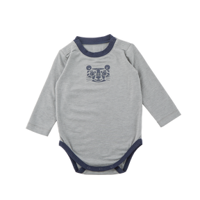 <tc>Heather grey  baby  Thermal Bodysuit with tiger print</tc>