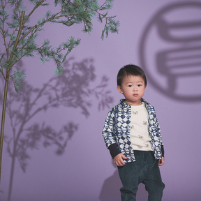 Dark blue baby button down shirt with good fortune motif