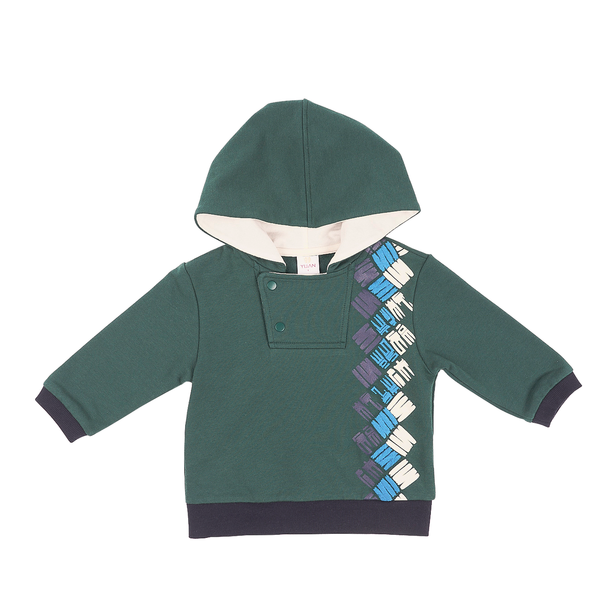 Pine green baby hoodie with good fortune print