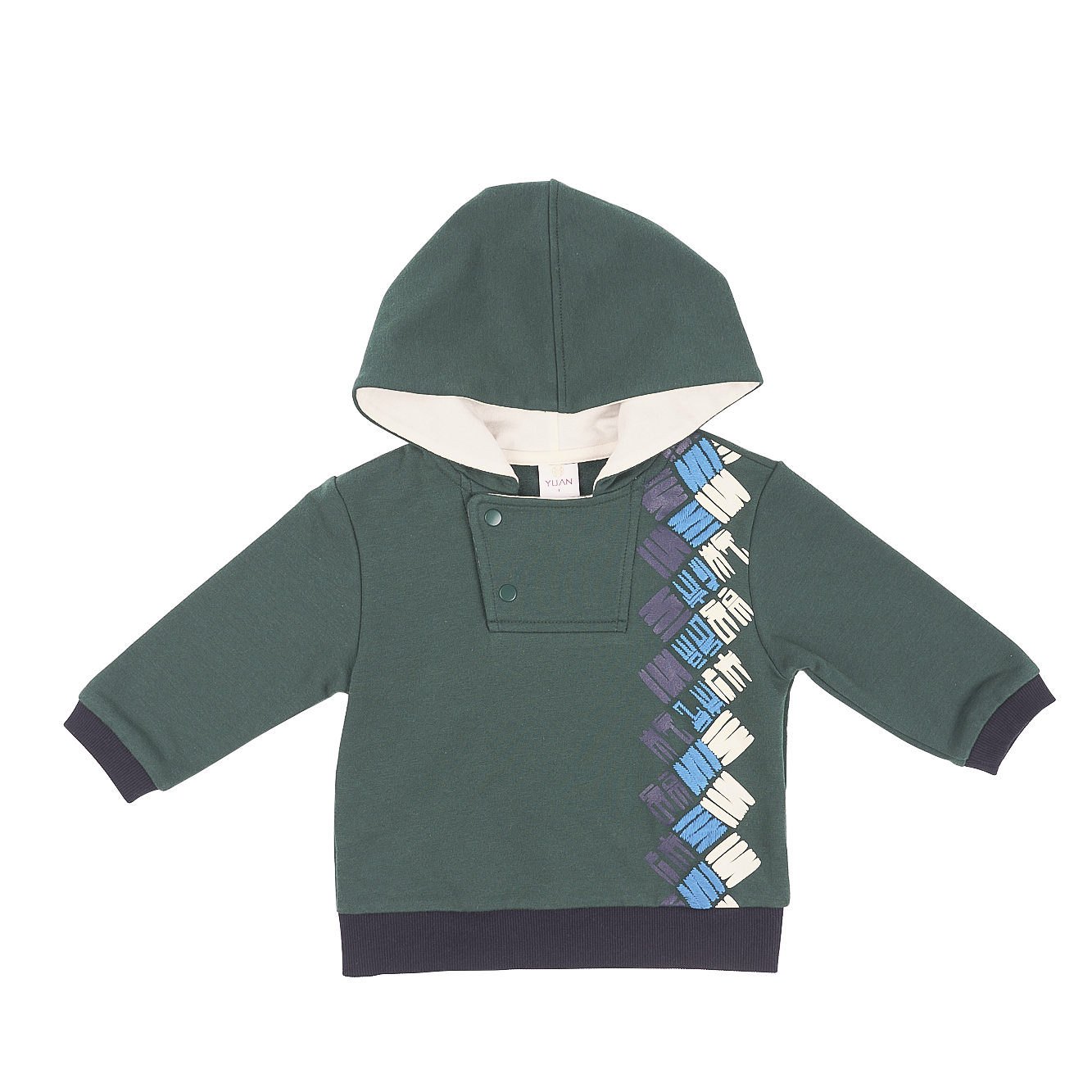 Pine green baby hoodie with good fortune print