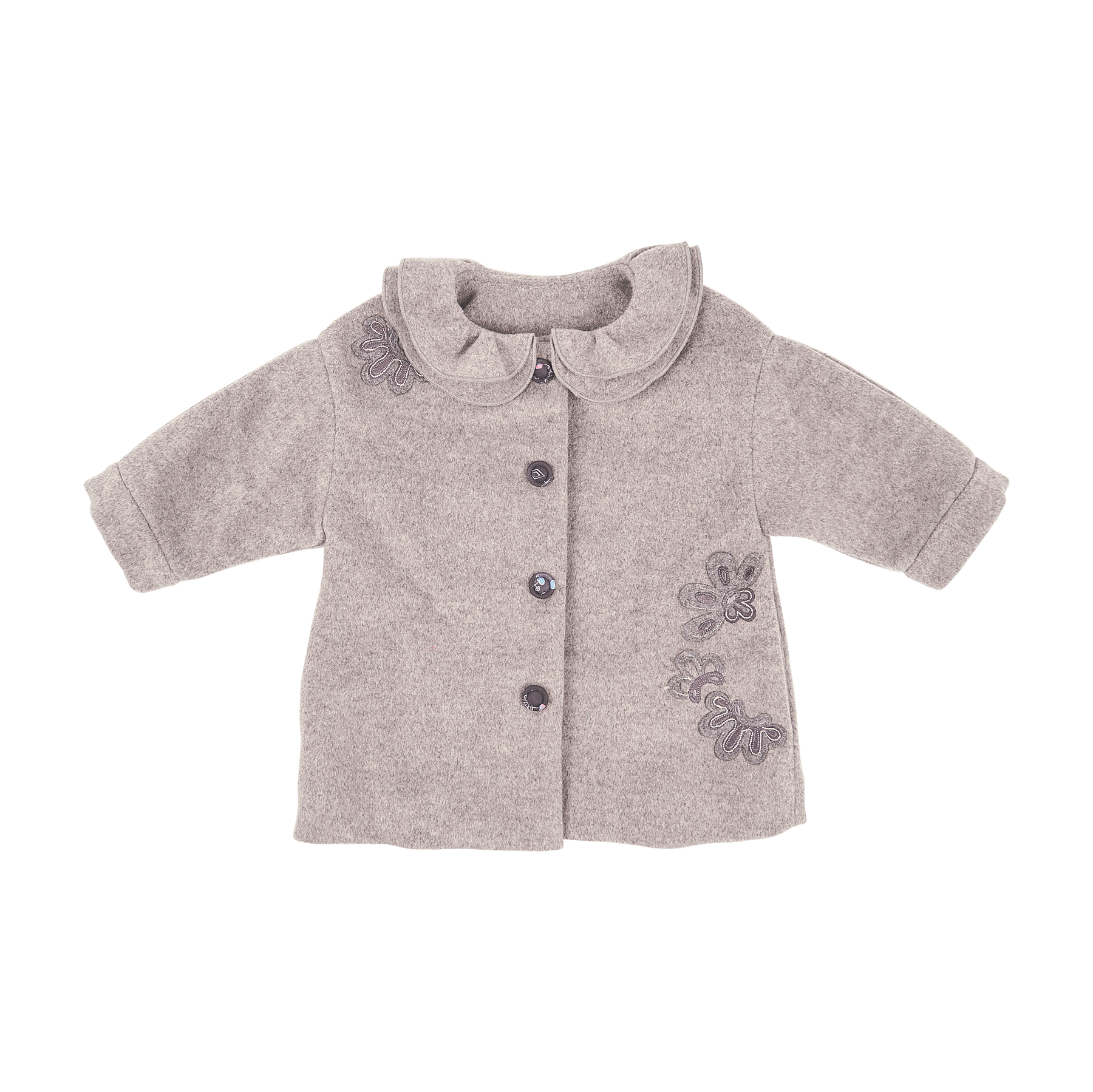 Heather grey baby coat with moonflower motif