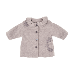 Heather grey baby coat with moonflower motif