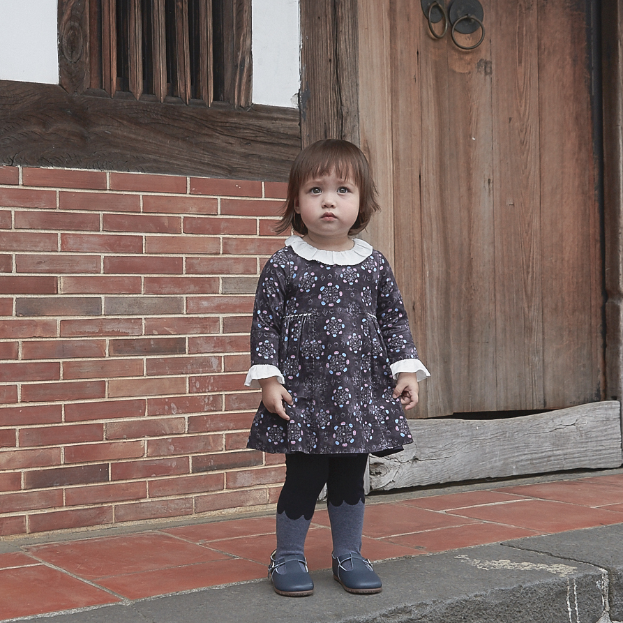 Indigo baby dress set with moonflower motif