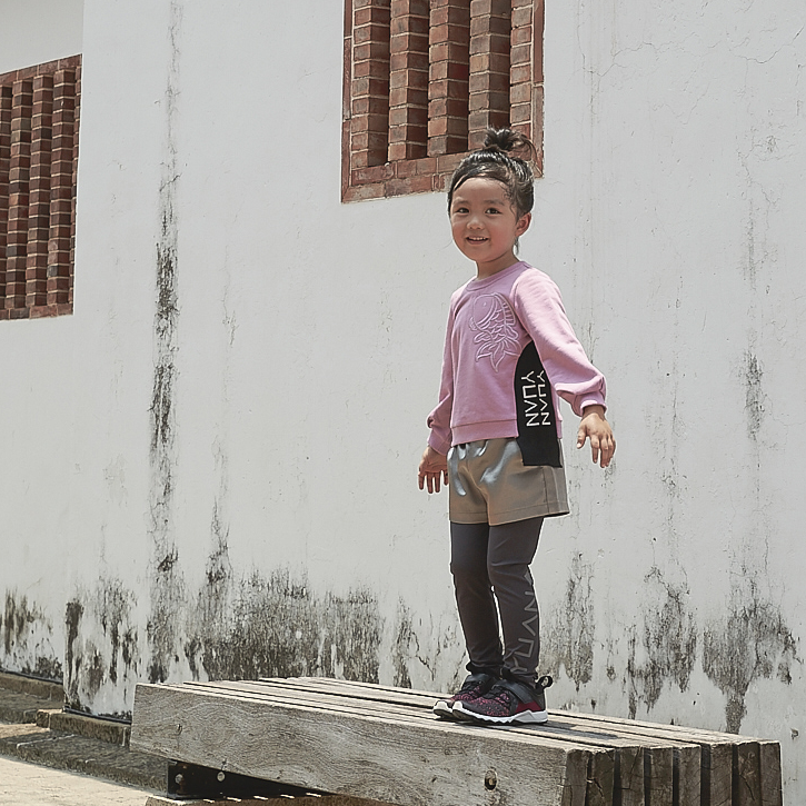 Blush kids sweatshirt with embroidered koi and YUAN logo ribbons