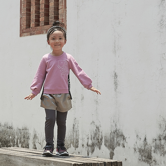 Blush kids sweatshirt with embroidered koi and YUAN logo ribbons