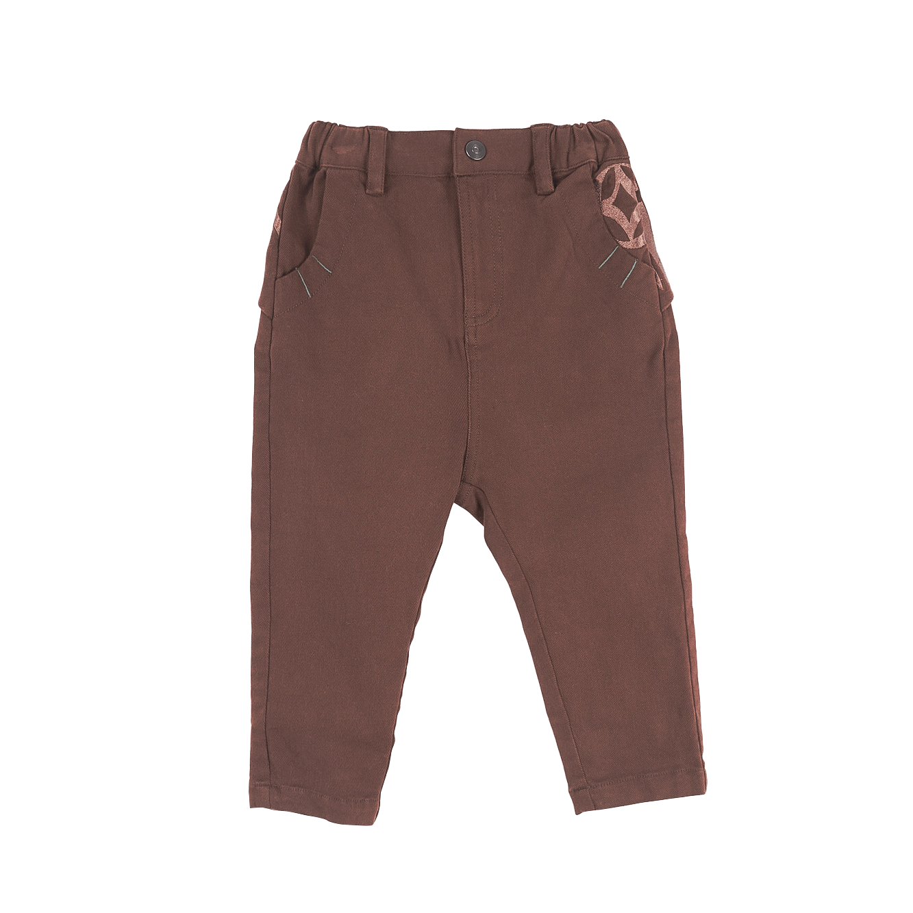 Dark brown kids trousers with good fortune and coin motif