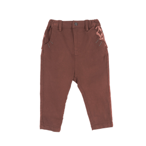 Dark brown kids trousers with good fortune and coin motif