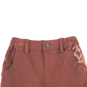 Dark brown kids trousers with good fortune and coin motif