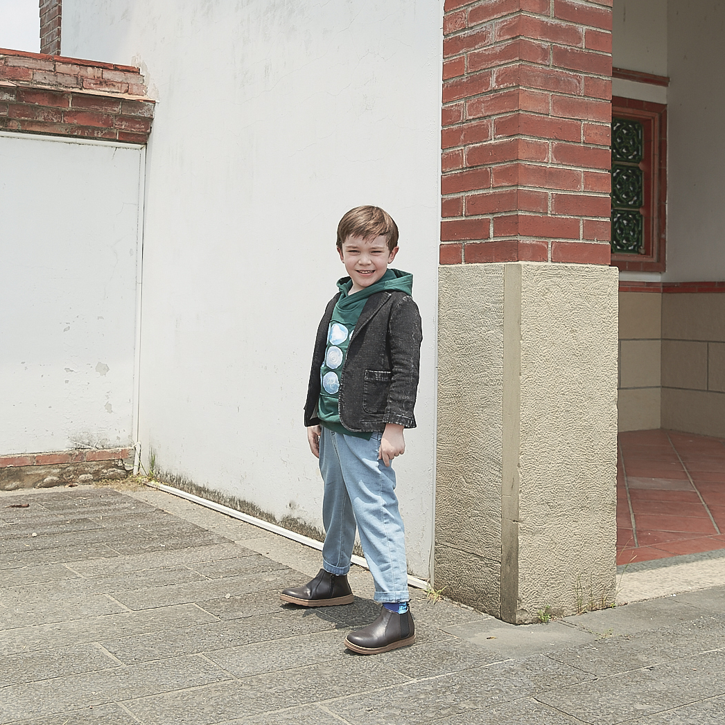 Denim kids trousers with good fortune and coin motif