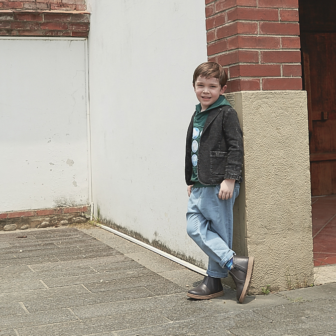 Denim kids trousers with good fortune and coin motif