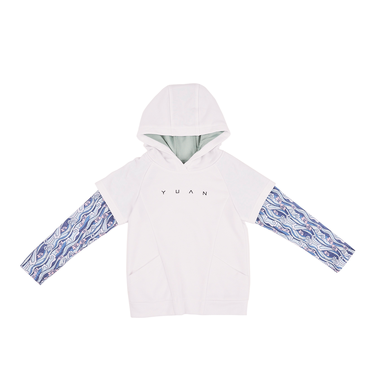 White kids hoodie with koi motif tattoo sleeves