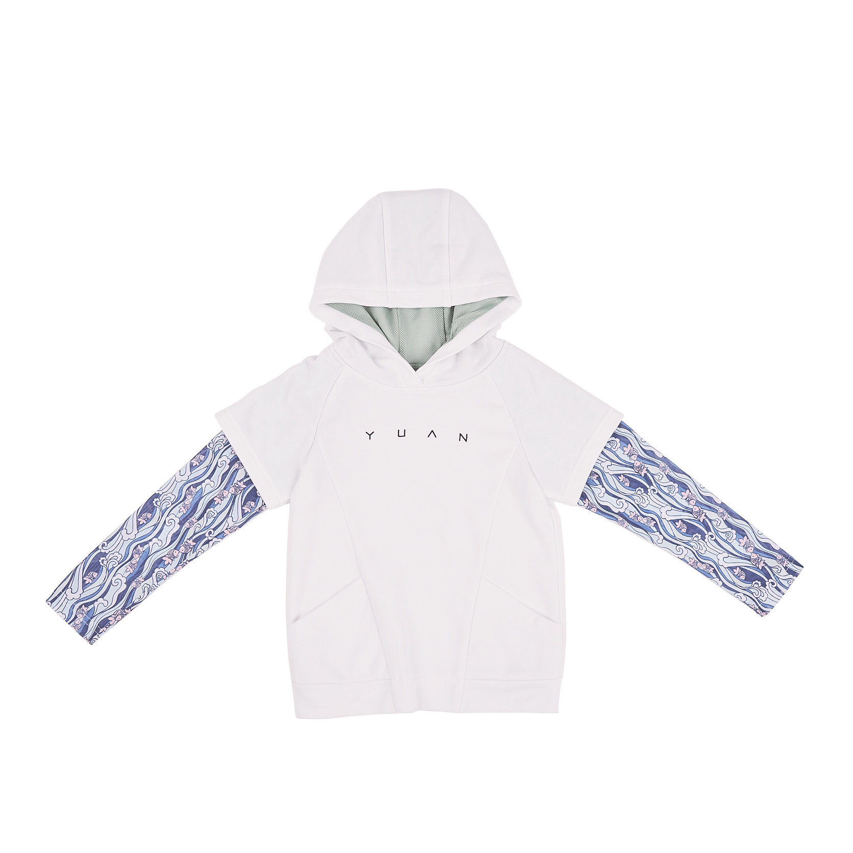 White kids hoodie with koi motif tattoo sleeves