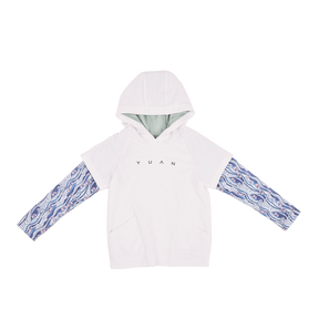 White kids hoodie with koi motif tattoo sleeves