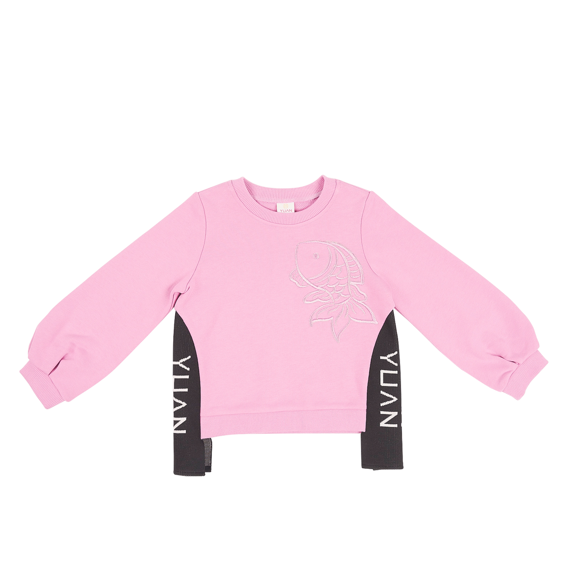 Blush kids sweatshirt with embroidered koi and YUAN logo ribbons