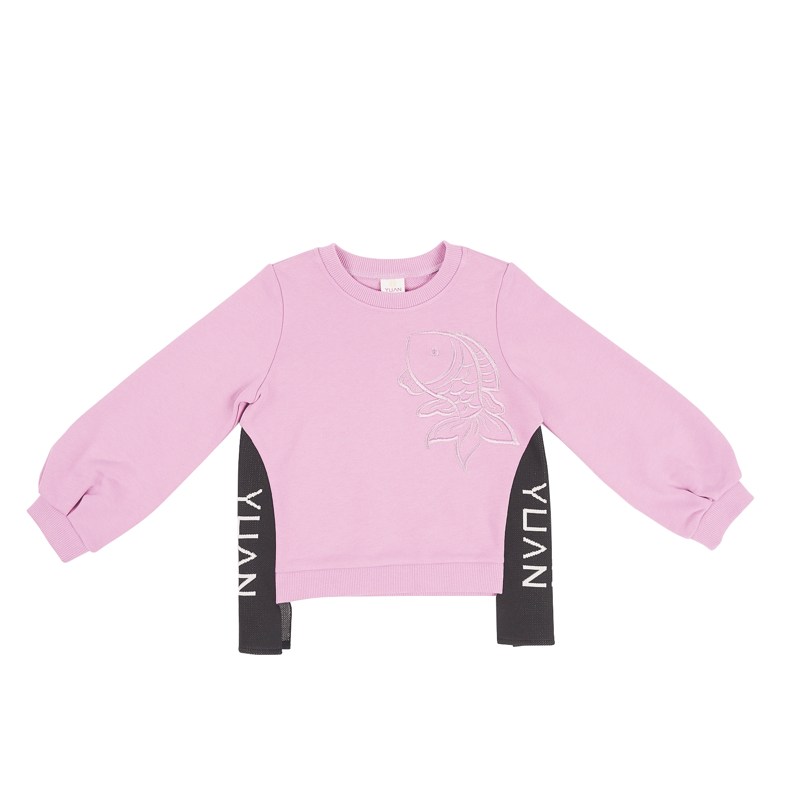 Blush kids sweatshirt with embroidered koi and YUAN logo ribbons