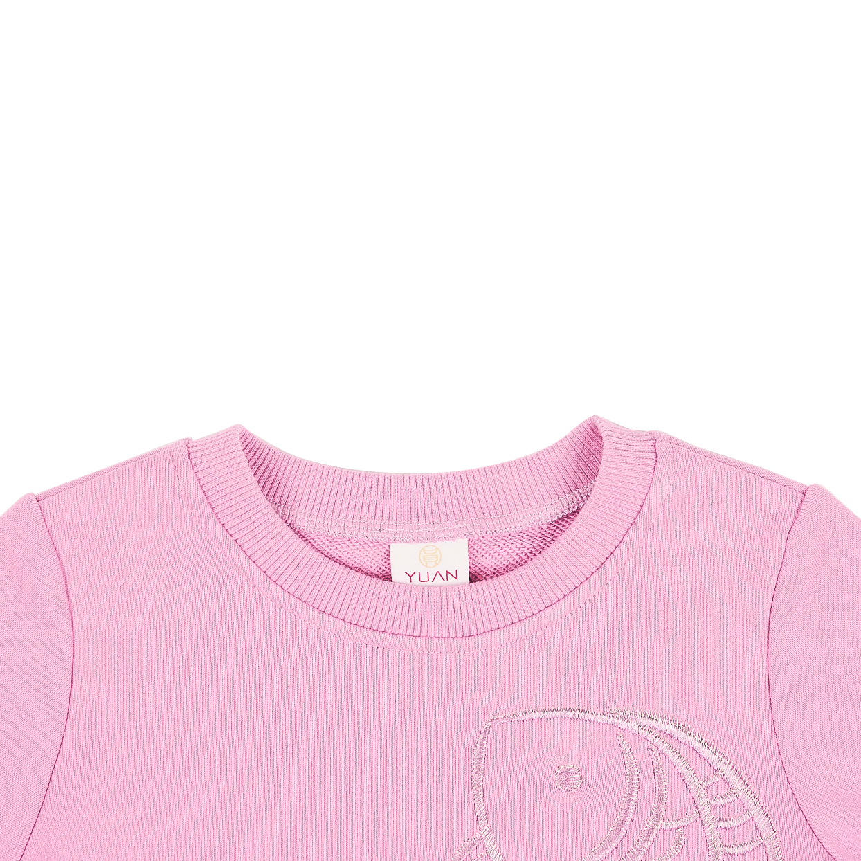 Blush kids sweatshirt with embroidered koi and YUAN logo ribbons