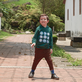 Dark brown kids trousers with good fortune and coin motif