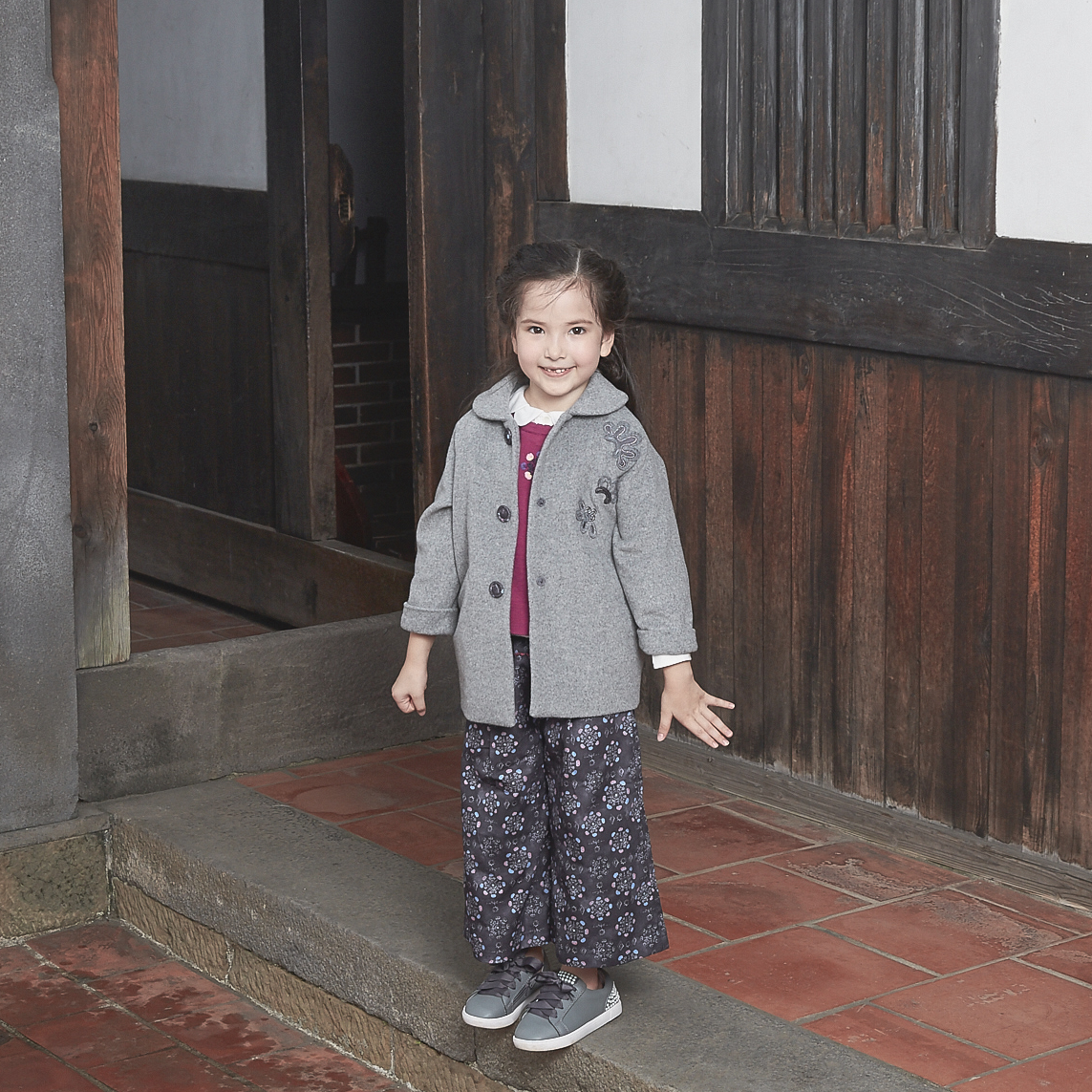 Heather grey kids coat with moonflower motif