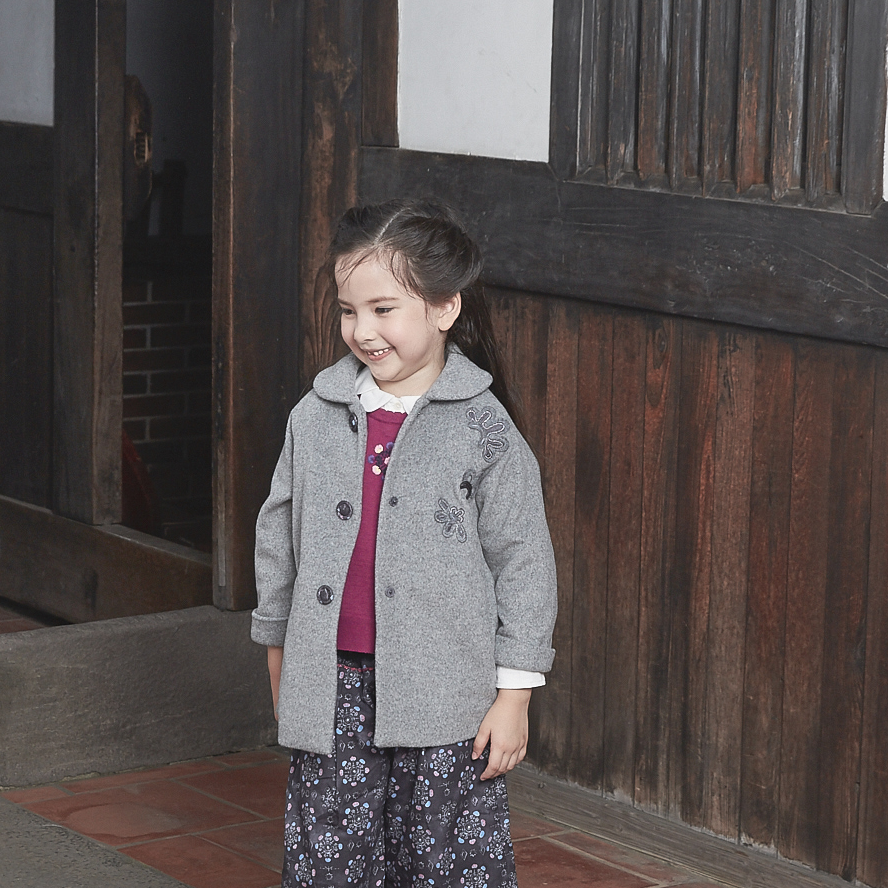 Heather grey kids coat with moonflower motif