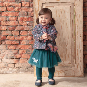 Pine green baby gauze skirt with embroidered butterfly and pomegranate and matching leggings