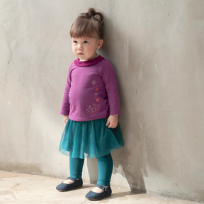 Pine green baby gauze skirt with embroidered butterfly and pomegranate and matching leggings