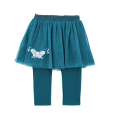 Pine green baby gauze skirt with embroidered butterfly and pomegranate and matching leggings