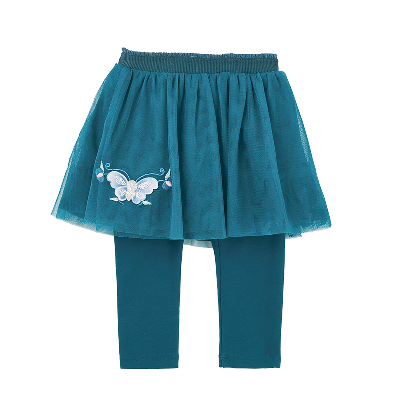 Pine green baby gauze skirt with embroidered butterfly and pomegranate and matching leggings
