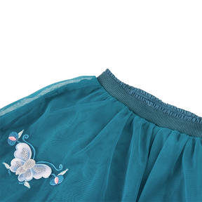 Pine green baby gauze skirt with embroidered butterfly and pomegranate and matching leggings