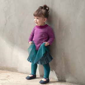 Purple long sleeve baby top with embroidered butterfly and coin motif