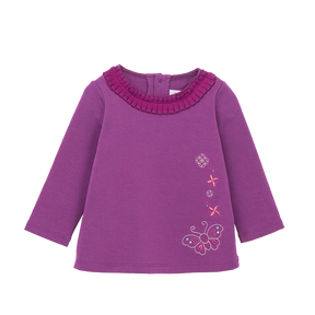 Purple long sleeve baby top with embroidered butterfly and coin motif