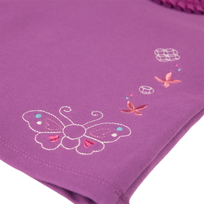 Purple long sleeve baby top with embroidered butterfly and coin motif
