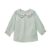 Pine green baby top with embroidered pomegranate motif