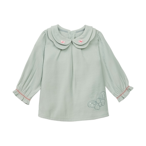 Pine green baby top with embroidered pomegranate motif