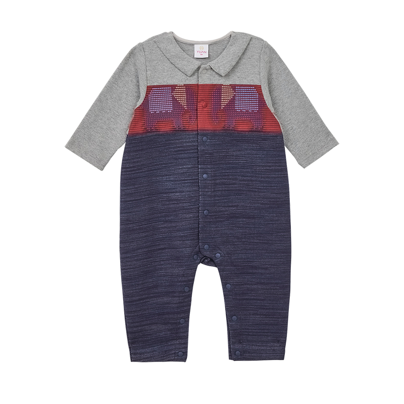 Heather grey baby one-piece with embroidered elephant motif