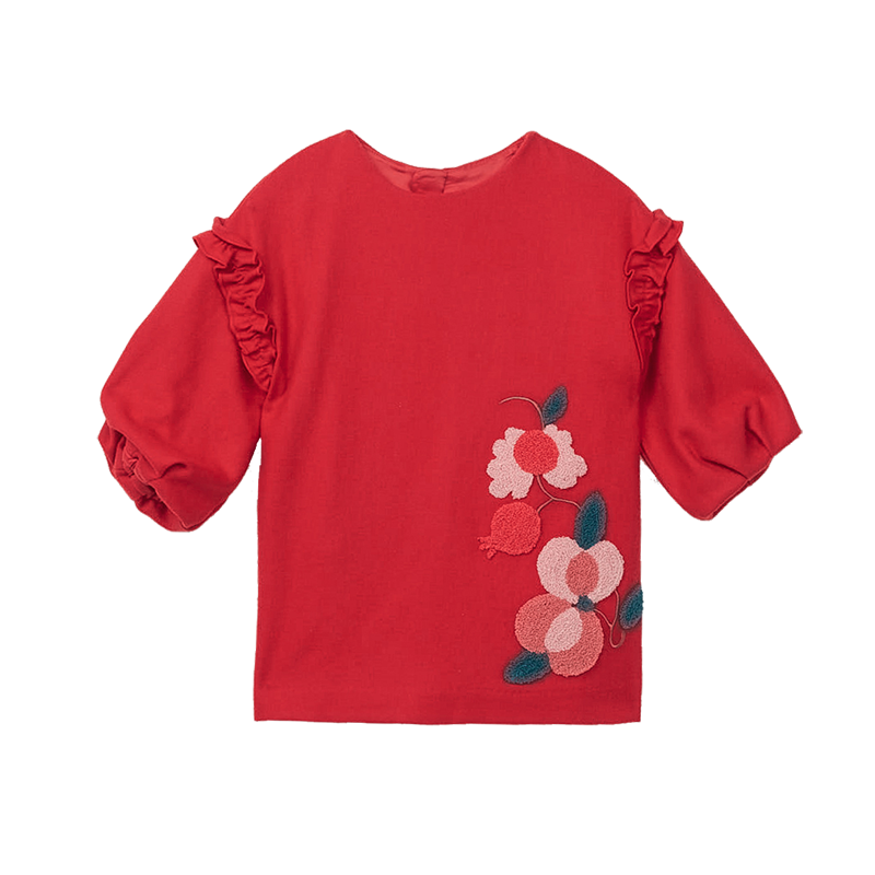 Red baby dress with embroidered pomegranate flowers