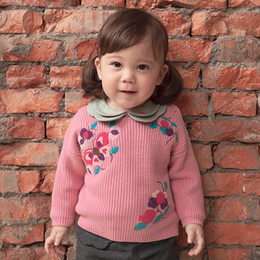 Dusty pink baby sweater with butterfly and pomegranate motif