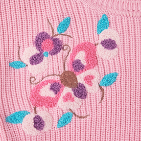 Dusty pink baby sweater with butterfly and pomegranate motif