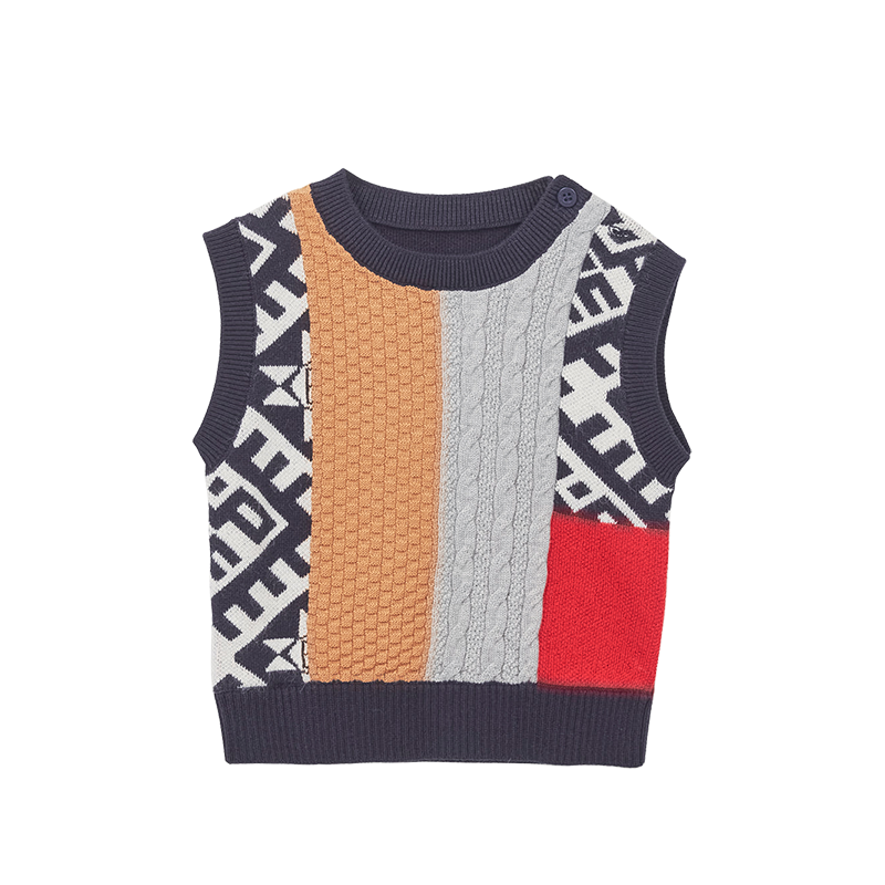 Indigo baby sweater vest with equestrian motif