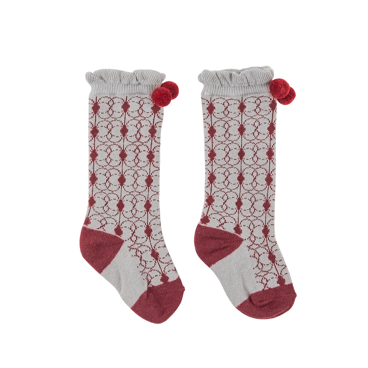Light grey long baby socks with pom poms
