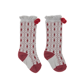 Light grey long baby socks with pom poms