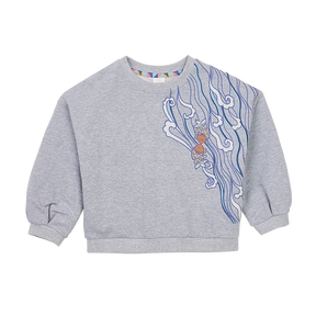 Light grey kids drop shoulder sweatshirt with embroidered koi motif