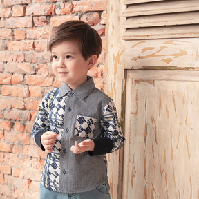 Dark blue kids button down shirt with good fortune print