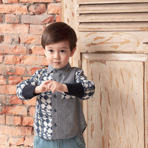 Dark blue kids button down shirt with good fortune print