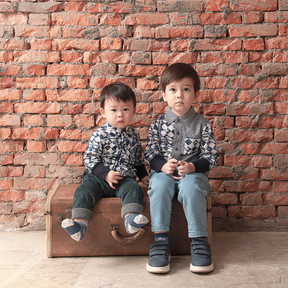 Dark blue kids button down shirt with good fortune print