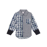 Dark blue kids button down shirt with good fortune print