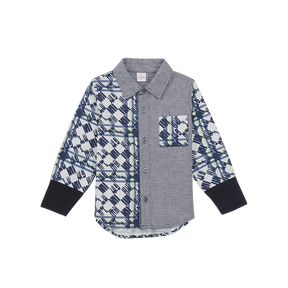 Dark blue kids button down shirt with good fortune print