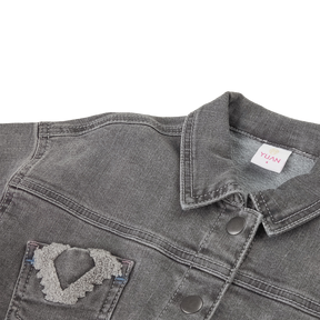 Heather grey kids denim jacket with punch needle embroidered octagonal flower