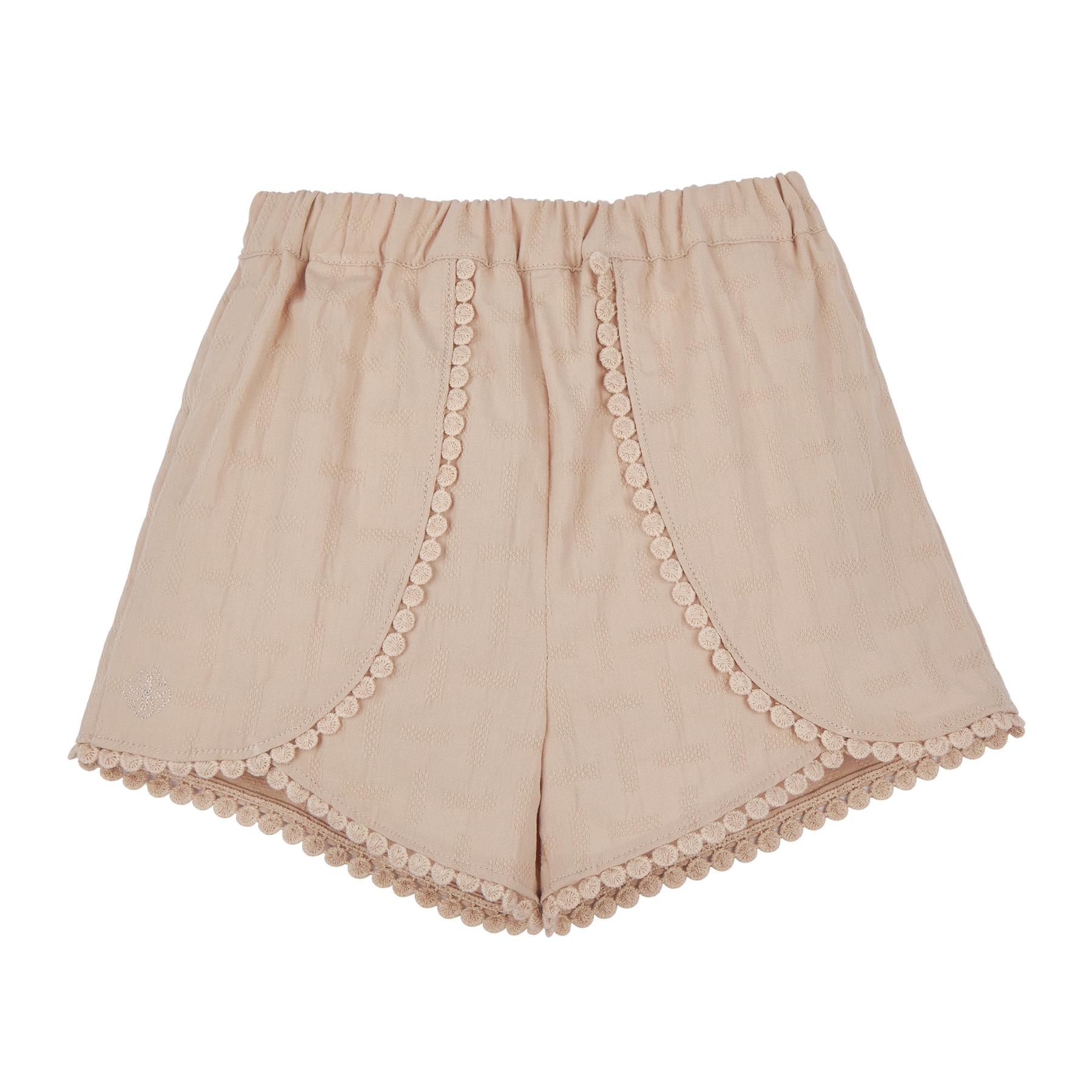 <tc>Khaki baby culottes with embroidered coin motif</tc>